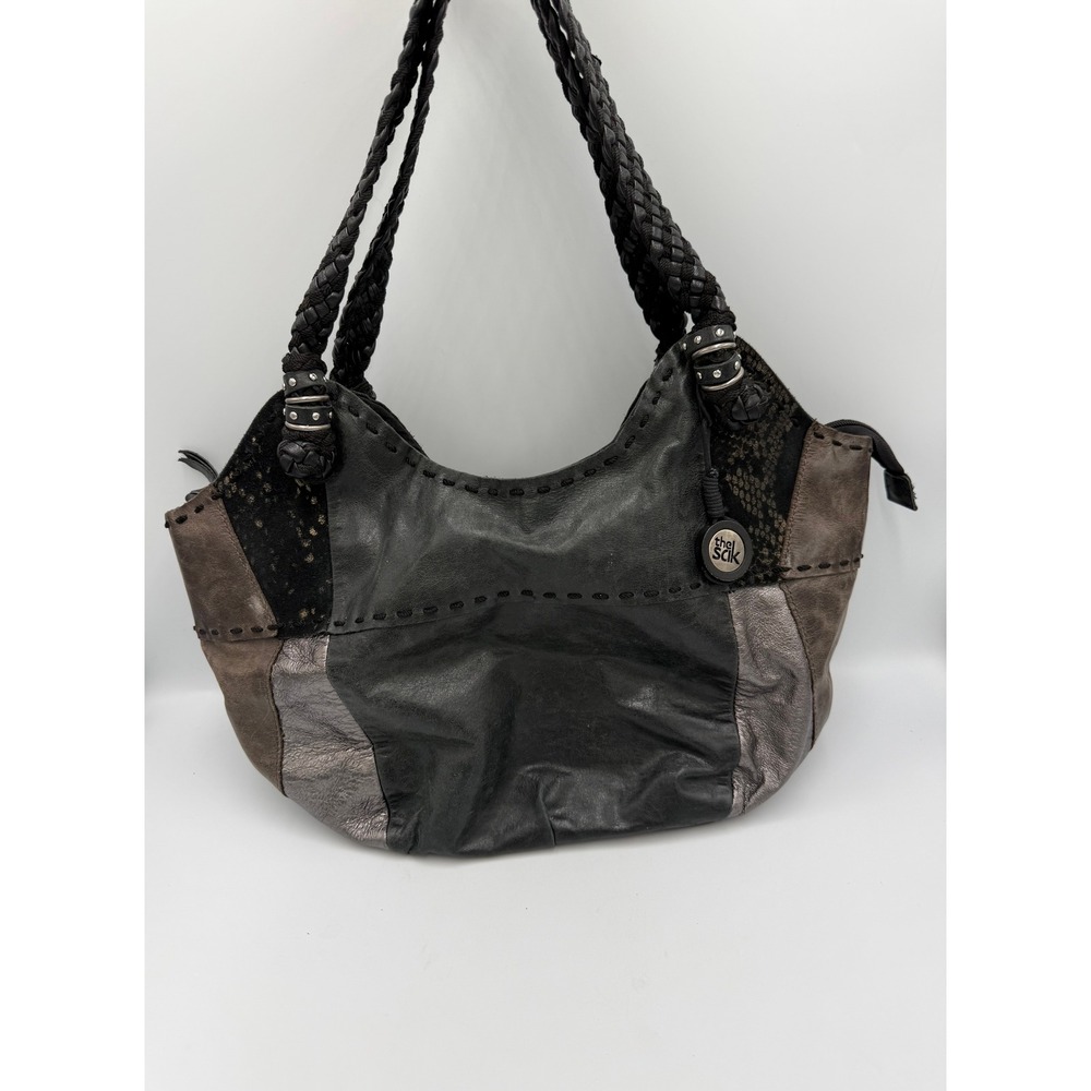 The Sak Women Shoulder Bag Leather Patchwork Black Brown Silver Braided Hobo